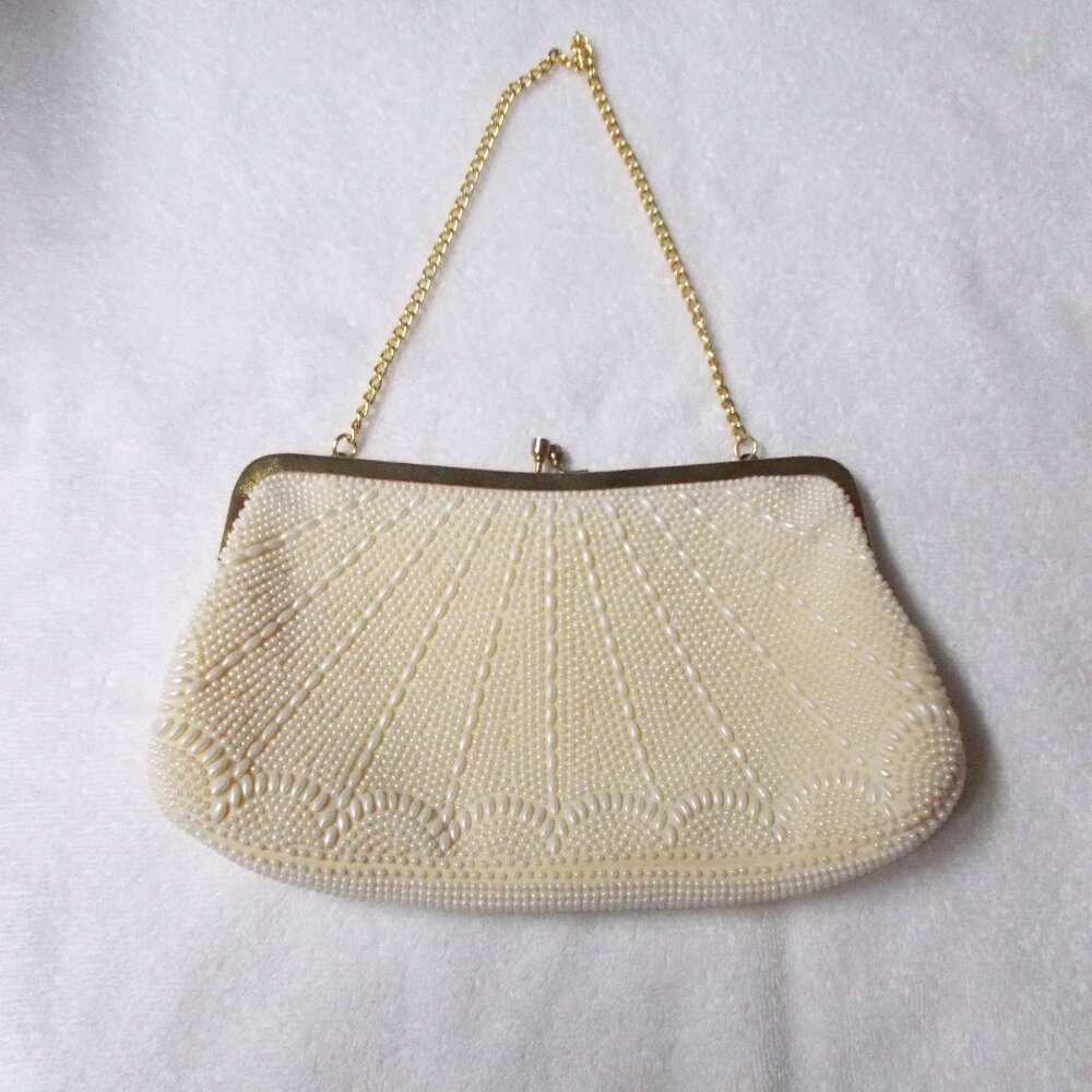 Vtg 70s ivory clutch purse with pearl beading